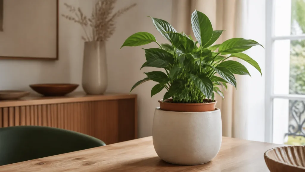 Plante verte dans son pot de culture placé dans un cache-pot en céramique mate