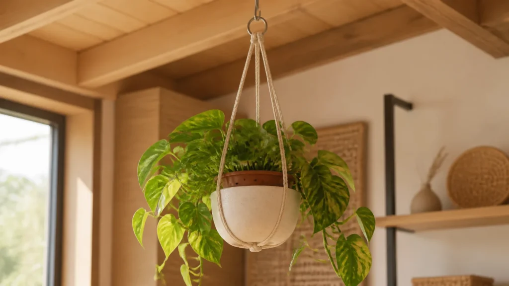 Pothos dans un pot de culture placé dans un cache-pot suspendu en macramé