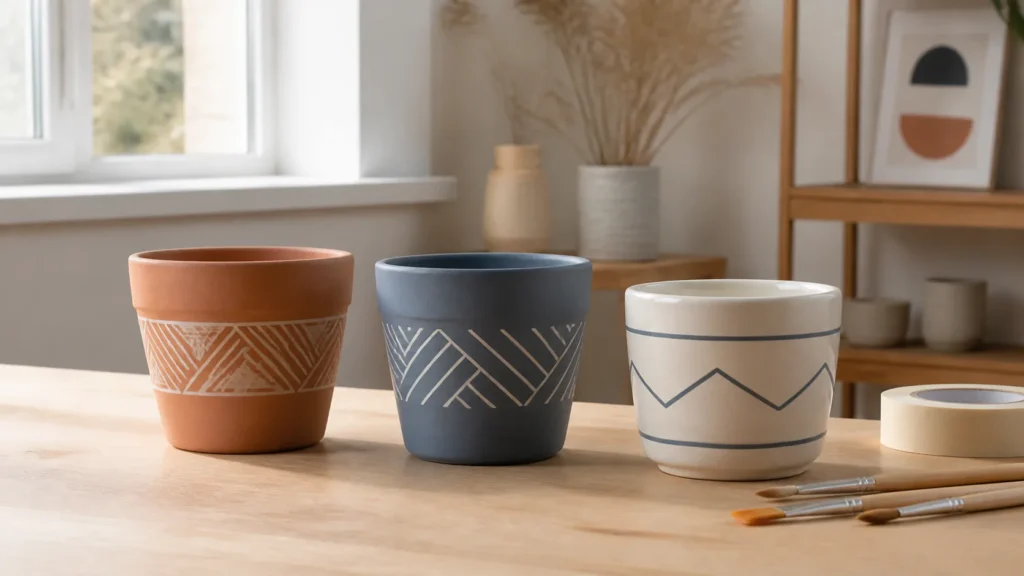 Trois pots en terre cuite, plastique et céramique décorés de motifs géométriques