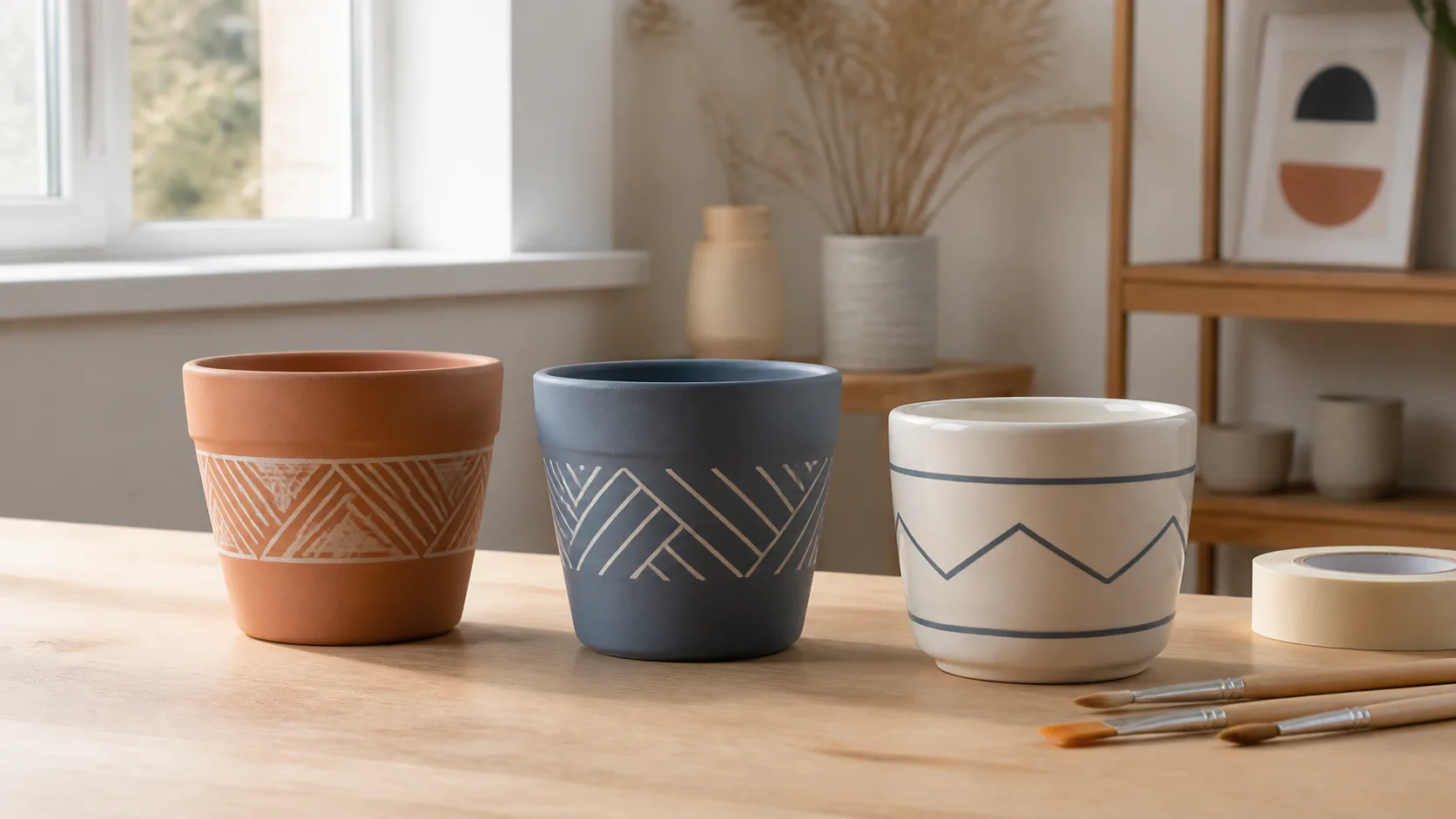 Trois pots en terre cuite, plastique et céramique décorés de motifs géométriques