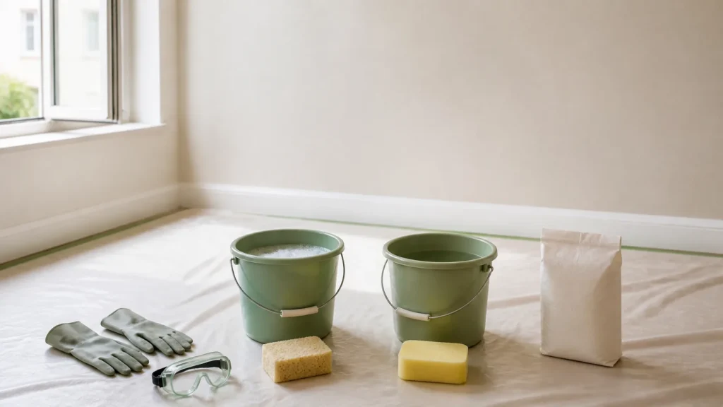 Deux seaux, éponges, gants et lunettes pour lessiver un mur avant peinture