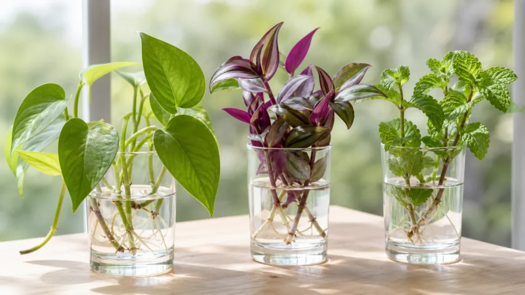 Boutures de pothos, tradescantia et menthe enracinées dans des verres d’eau