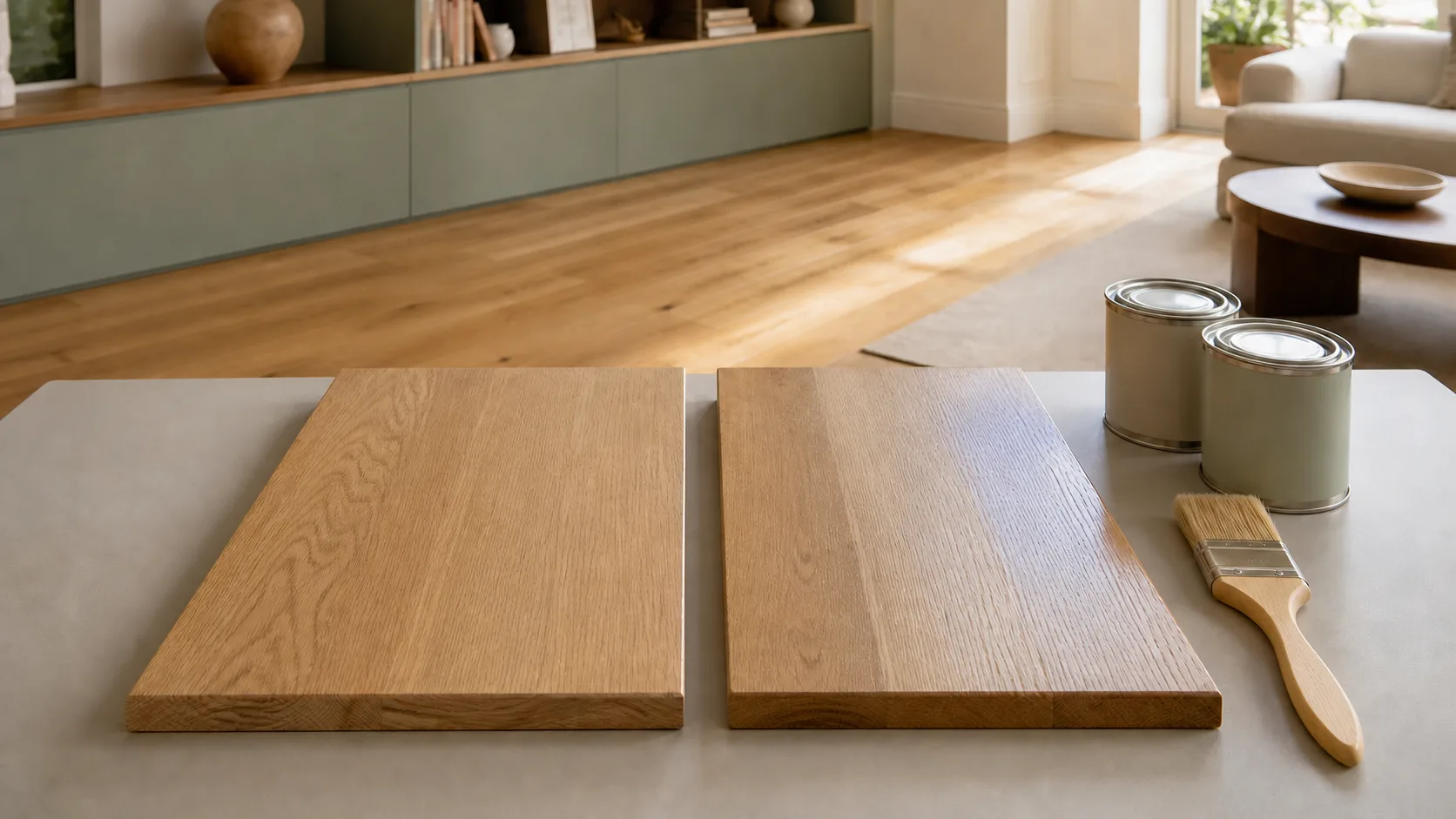 Deux panneaux de chêne avec finitions mate et satinée devant un parquet sec